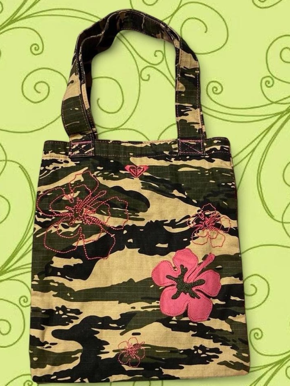 Roxy Camouflage Tote with Pink Floral Appliqués